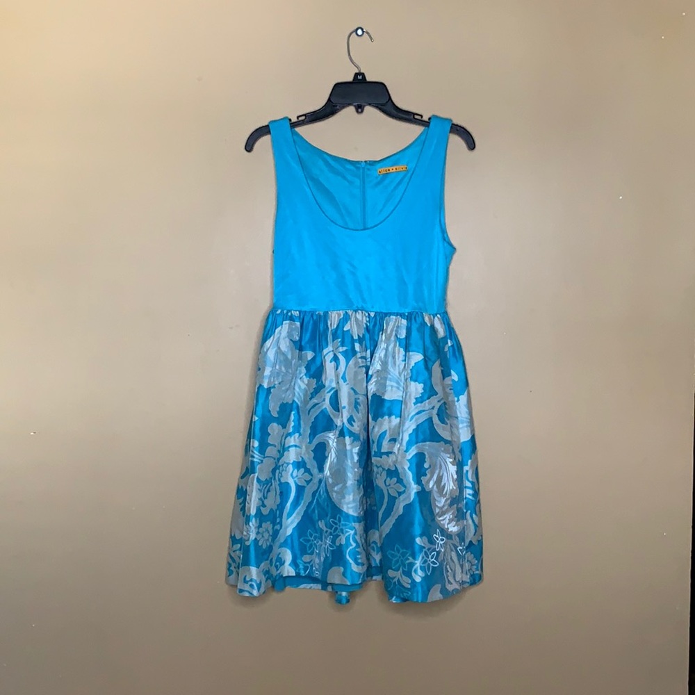 Alice + Olivia Turquoise and Silver Floral Fit-and-Flare Dress